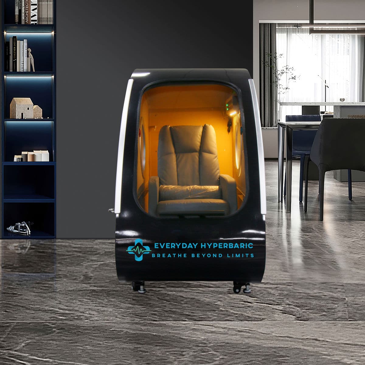 REAL PT & Wellness 2.0 ATA sitting hardshell HBOT chamber in a modern clinical room